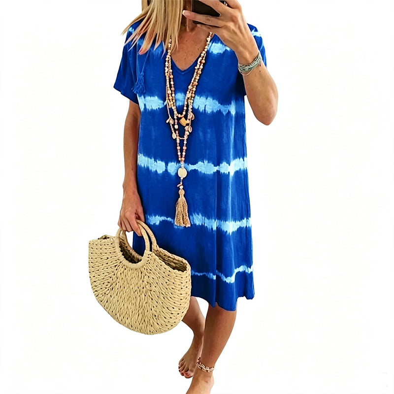 Tie-Dye Striped Short Sleeve Loose Dress