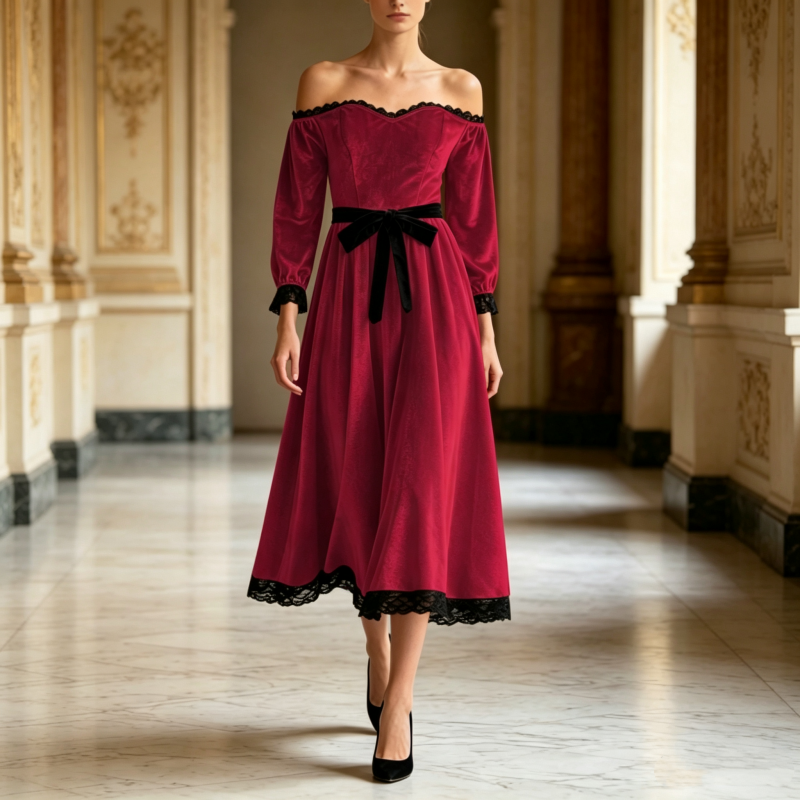 Women's Off-Shoulder Velvet Midi Dress