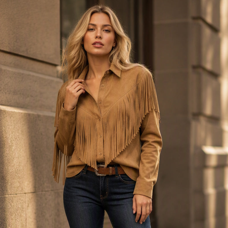 Women's Faux Suede Long Sleeve Fringe Jacket