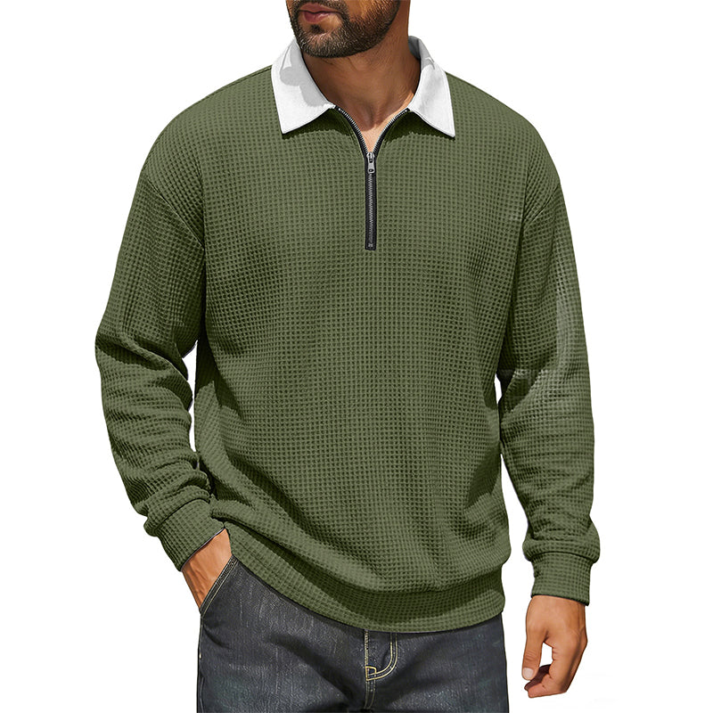 Men's Waffle Knit Half-Zip Collared Sweatshirt