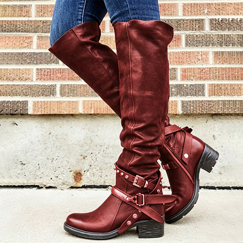 Women's Retro Buckle Strap Tall Boots