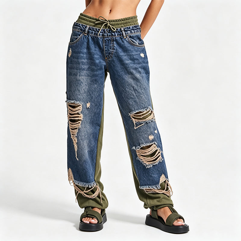 Women's Double-Layer Ripped Wide-Leg Jeans