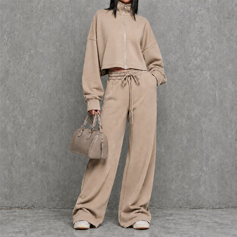 Women's Crop Zipper Top & Wide-Leg Pants Set