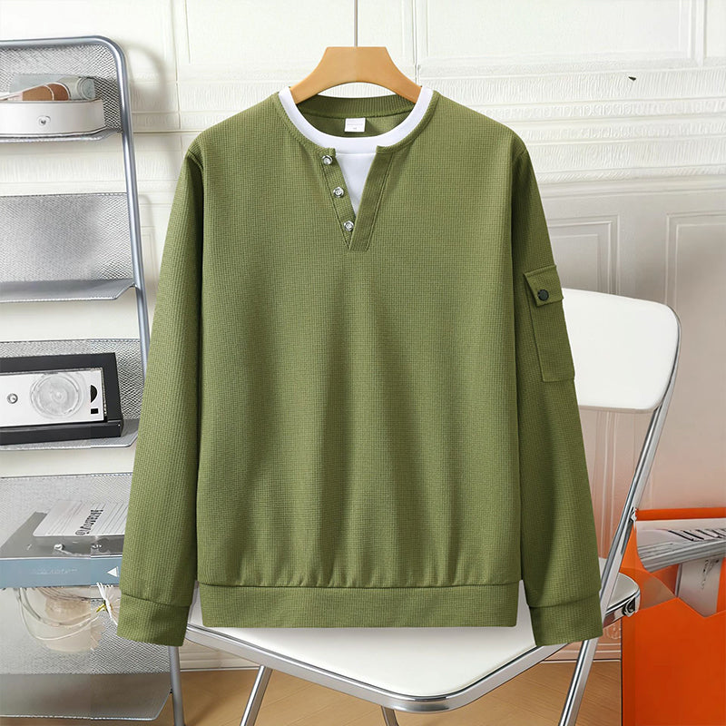 Men's Waffle Knit Fake Two-Piece Henley Top