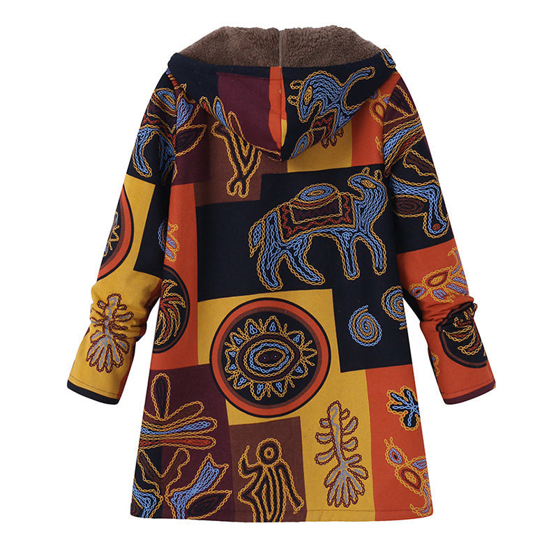 Women's Vintage Leaf Print Hooded Coat