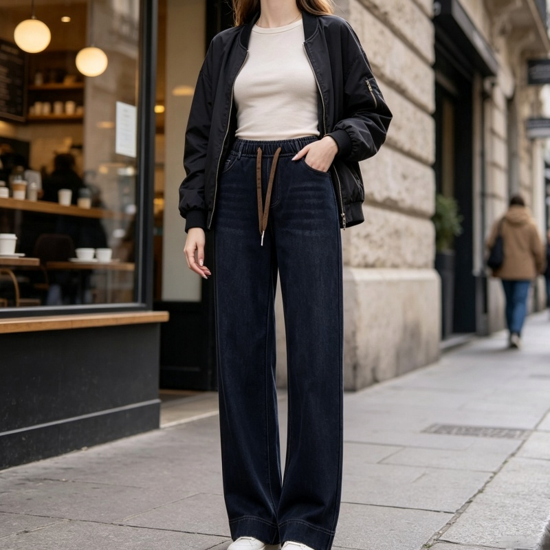 Women's Casual Drawstring Wide-Leg Jeans