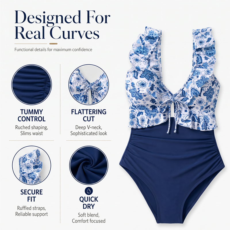 Women's Ruffle V-Neck One-Piece Swimsuit