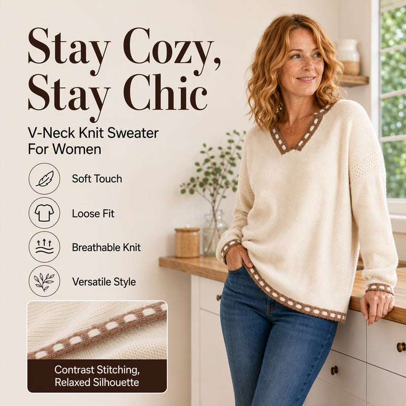 Women's Cozy V-Neck Sweater with Contrast Trim