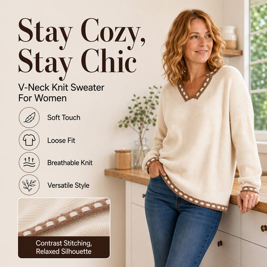 Women's Cozy V-Neck Sweater with Contrast Trim