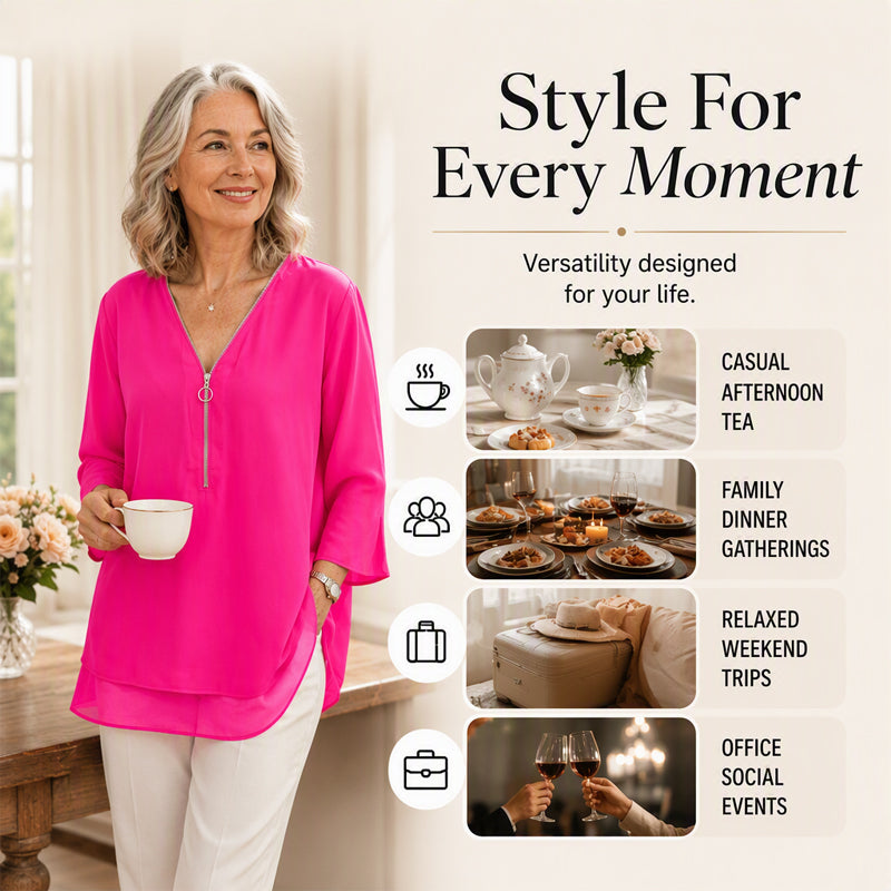 Double-Layer V-neck Zipper 3/4 Sleeves Soft Tops