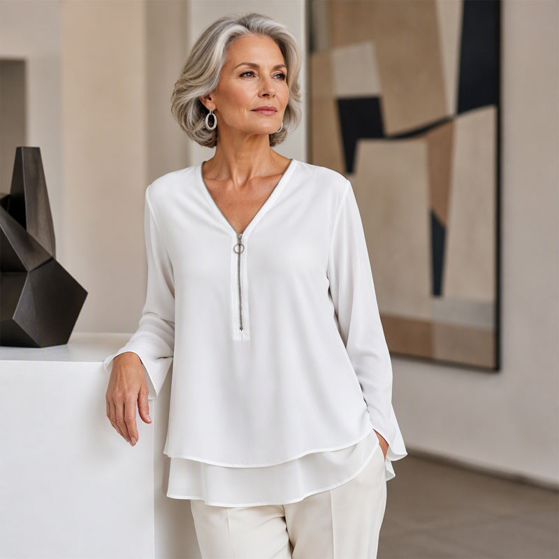 Double-Layer V-neck Zipper 3/4 Sleeves Soft Tops