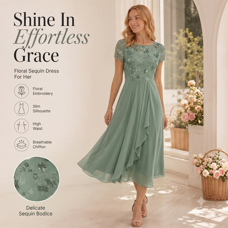 Women's Elegant Sequin Floral Print Chiffon Dress