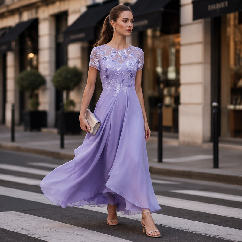 Women's Elegant Sequin Floral Print Chiffon Dress