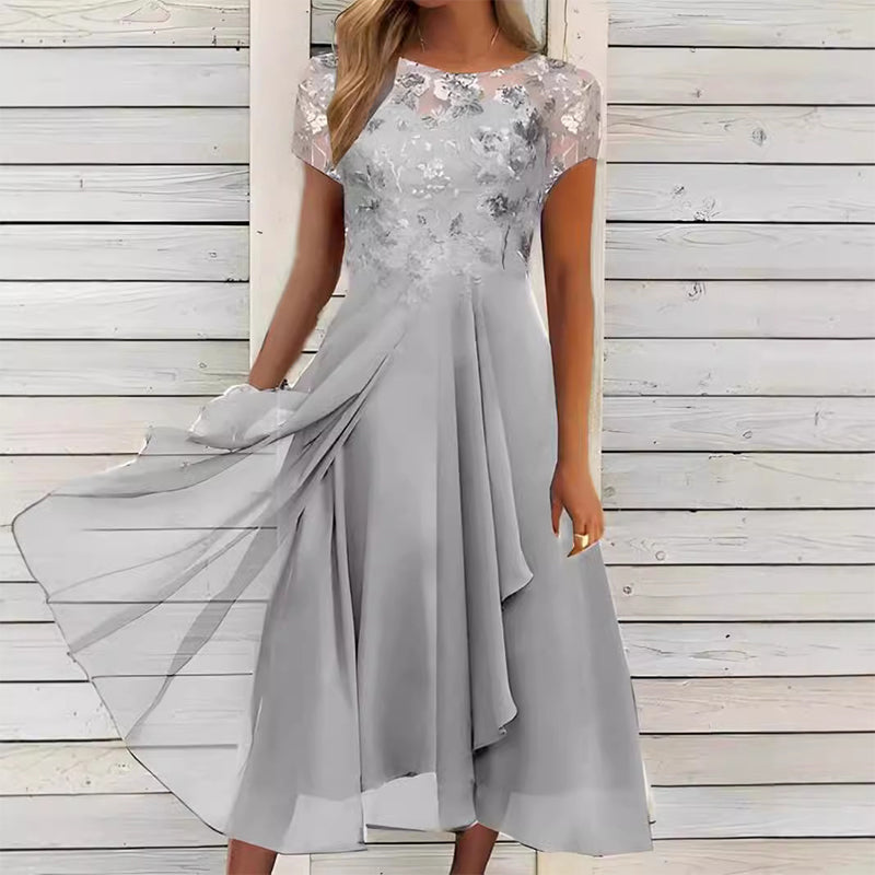 Women's Elegant Sequin Floral Print Chiffon Dress