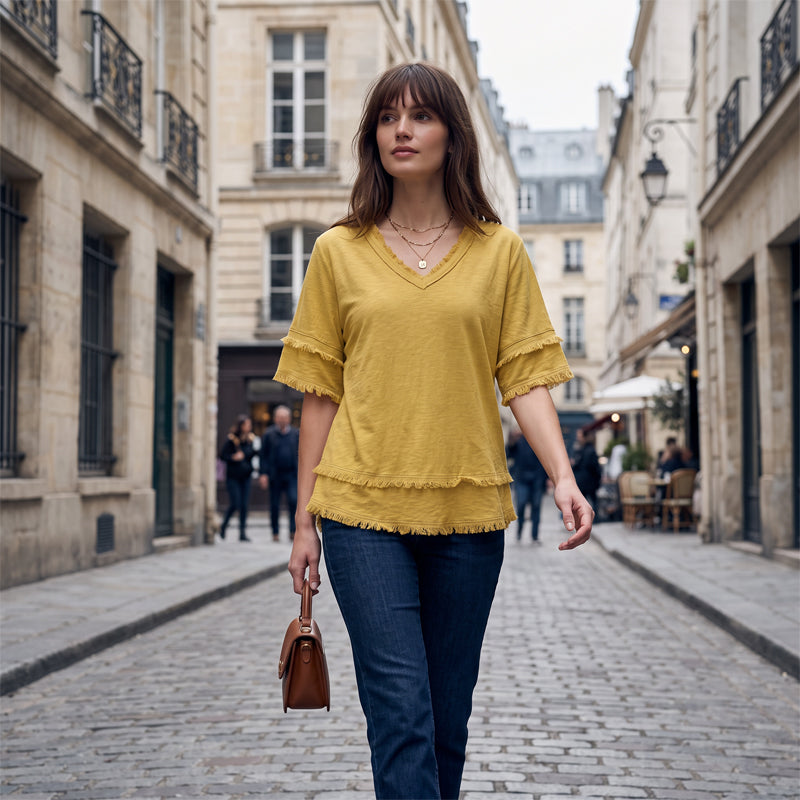 Women's Casual V-Neck Fringe Trim Top