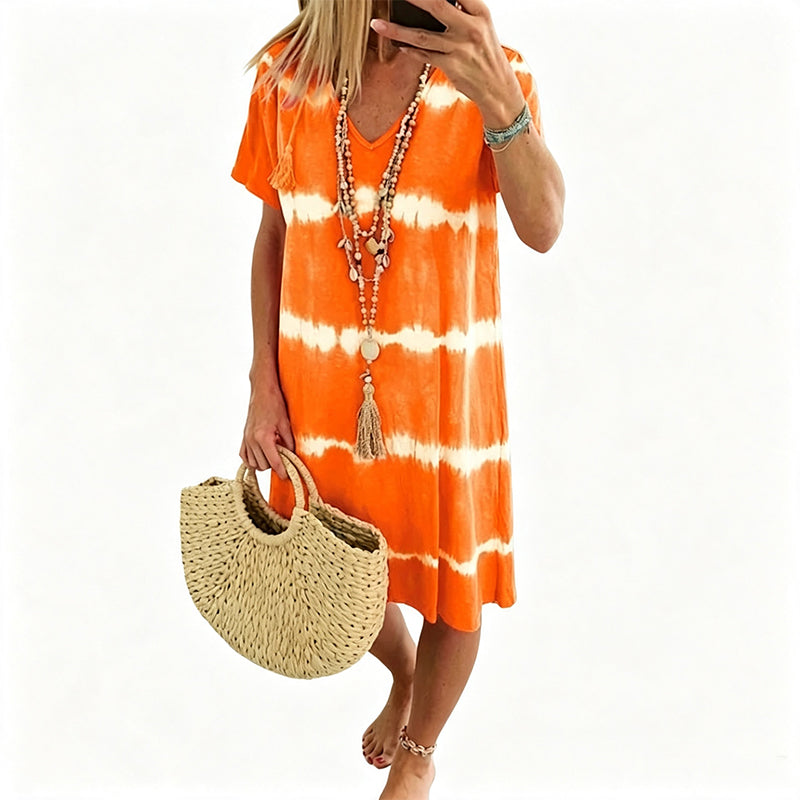 Tie-Dye Striped Short Sleeve Loose Dress