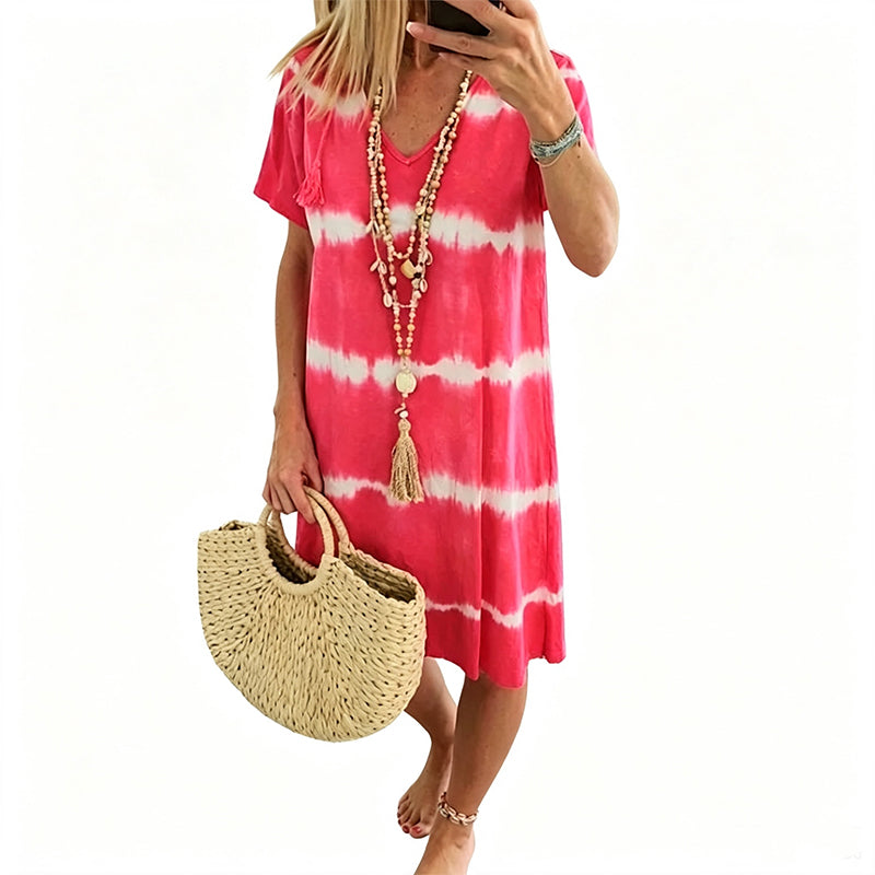 Tie-Dye Striped Short Sleeve Loose Dress