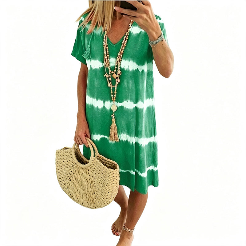 Tie-Dye Striped Short Sleeve Loose Dress