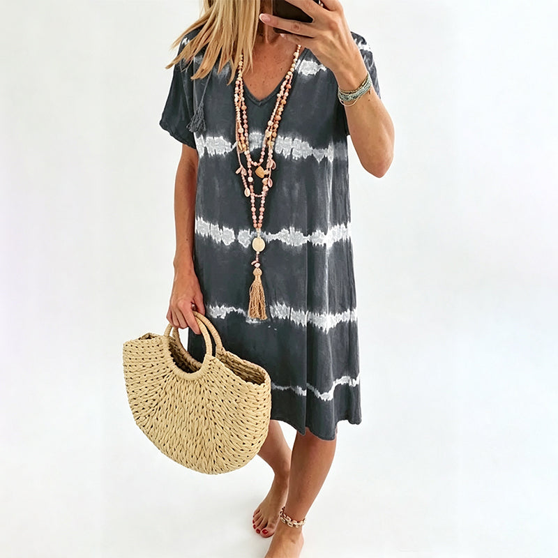 Tie-Dye Striped Short Sleeve Loose Dress