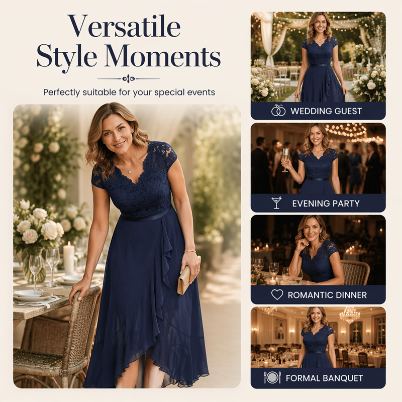 Women's Lace V-Neck Flowy Chiffon Dress