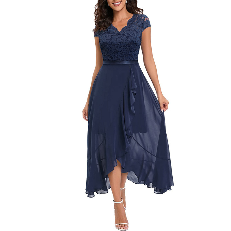 Women's Lace V-Neck Flowy Chiffon Dress