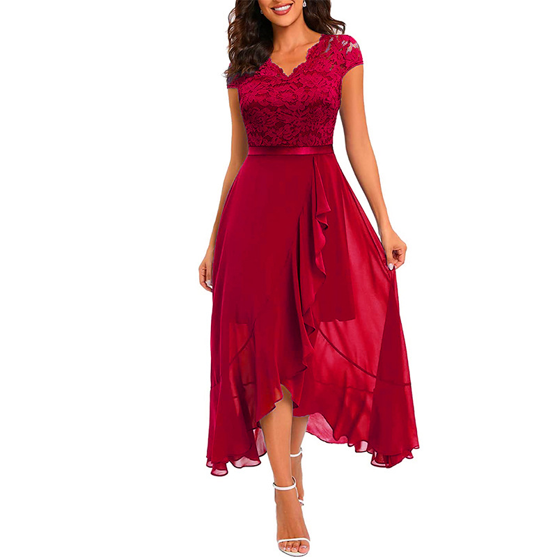 Women's Lace V-Neck Flowy Chiffon Dress