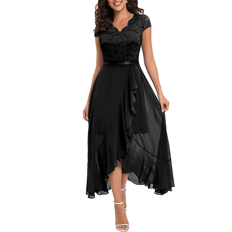 Women's Lace V-Neck Flowy Chiffon Dress