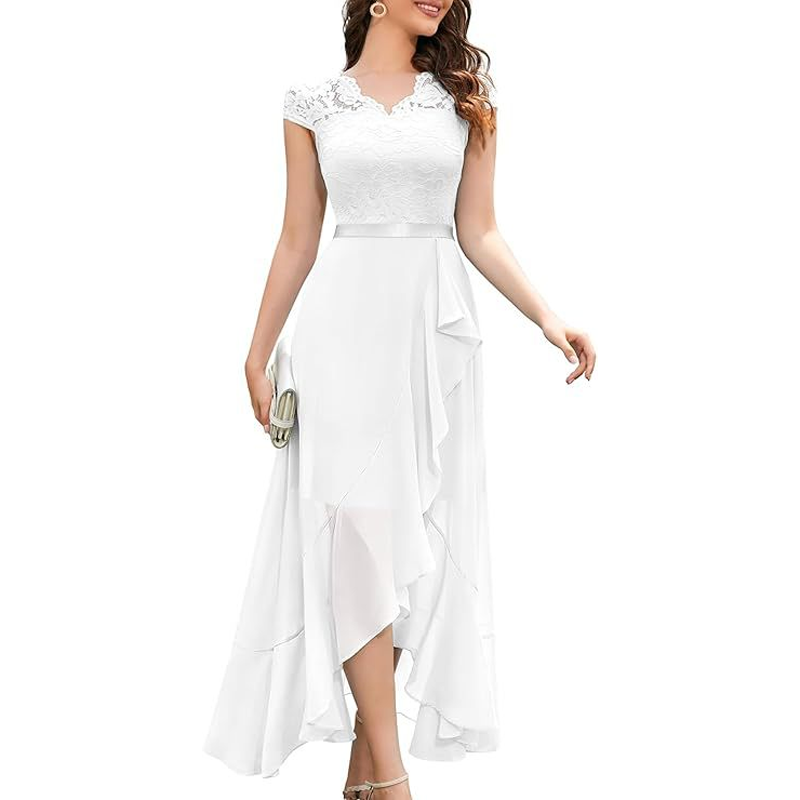 Women's Lace V-Neck Flowy Chiffon Dress