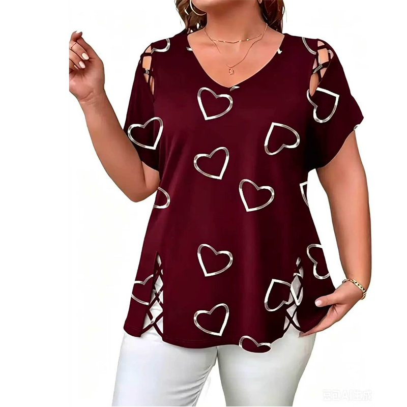 Women's Heart Print Cutout Lace-Up Top
