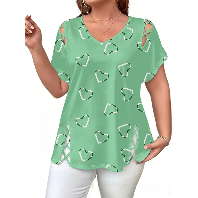 Women's Heart Print Cutout Lace-Up Top