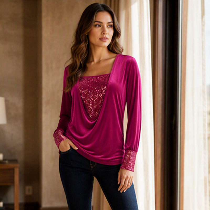 Women's Sequin Patchwork Long Sleeve Top