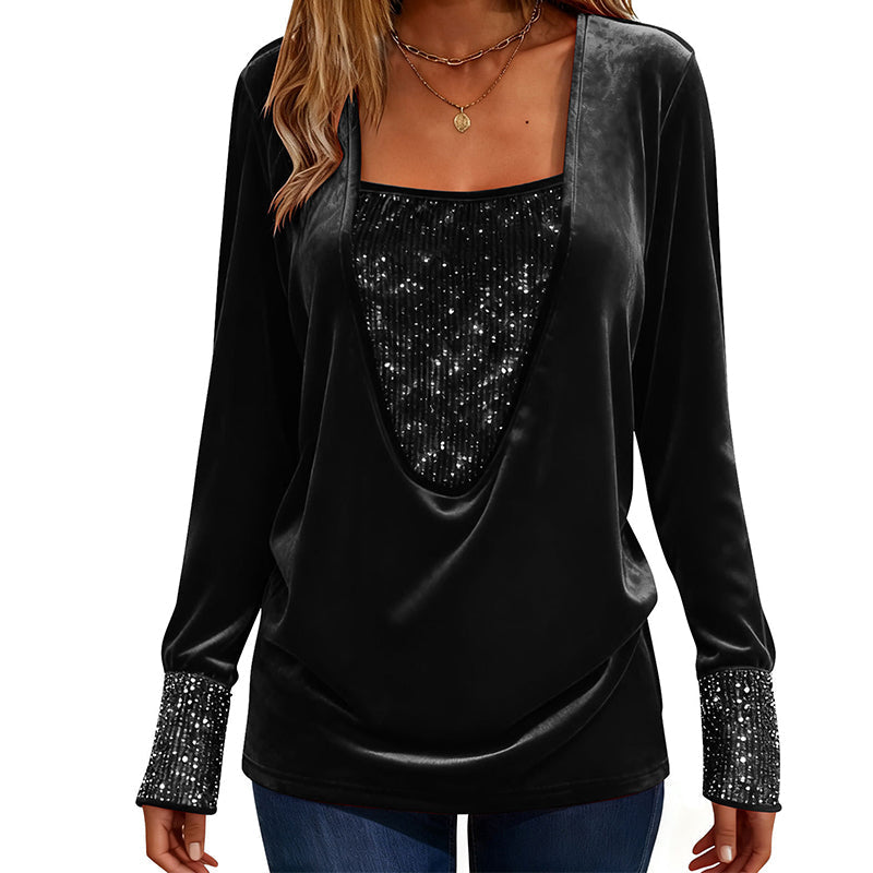 Women's Sequin Patchwork Long Sleeve Top