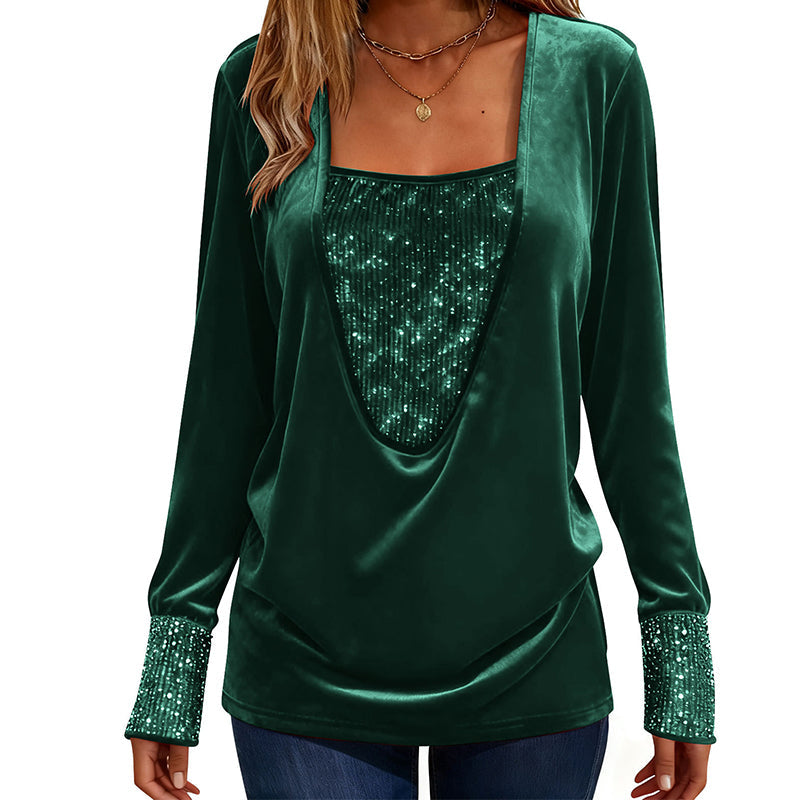 Women's Sequin Patchwork Long Sleeve Top