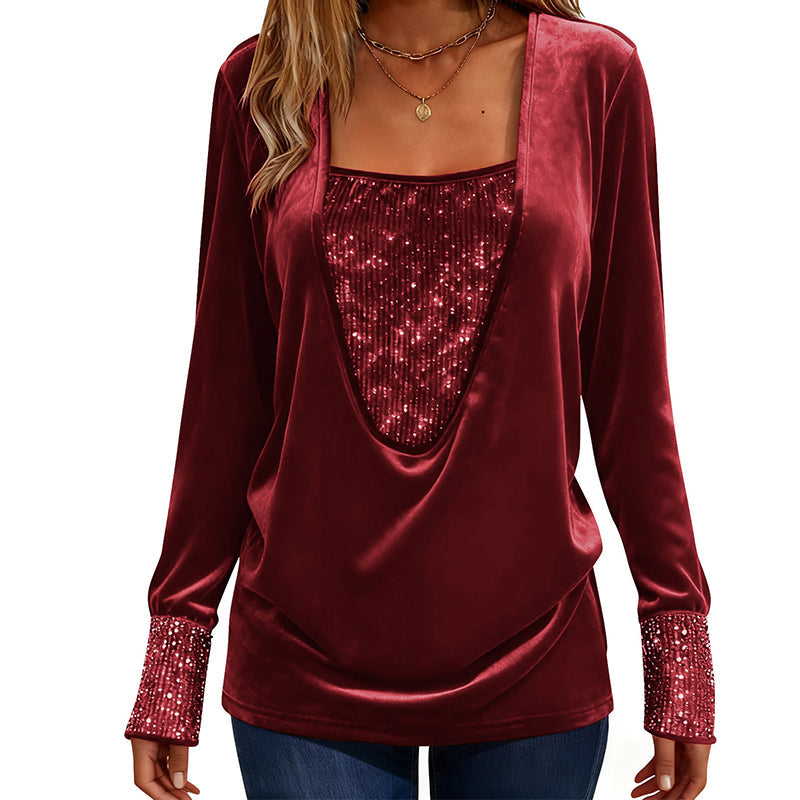 Women's Sequin Patchwork Long Sleeve Top