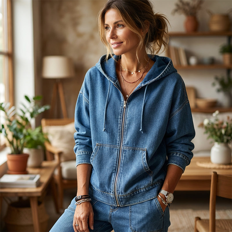 Women's Casual Washed Denim Hooded Jacket