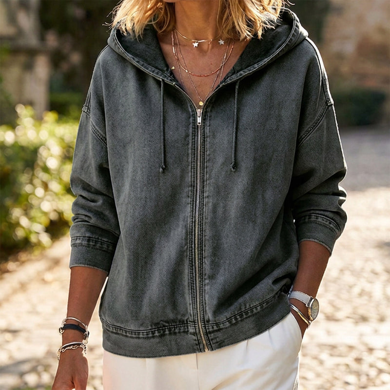 Women's Casual Washed Denim Hooded Jacket