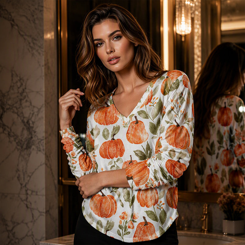 Women's Casual Printed V-Neck Knit Top