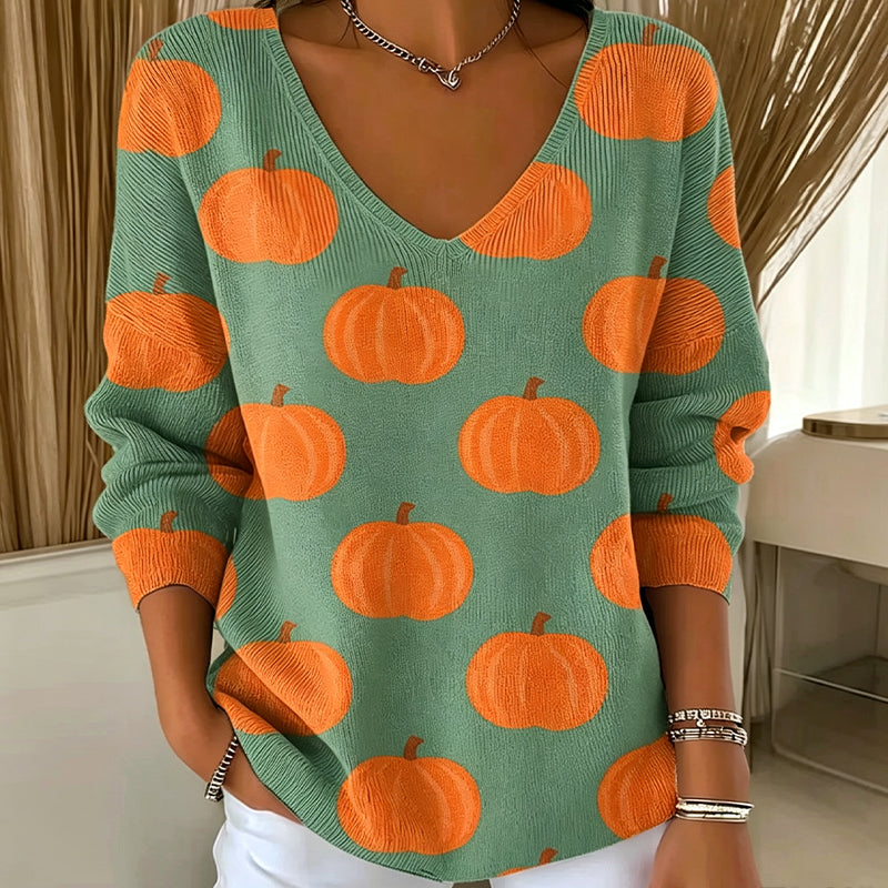 Women's Casual Printed V-Neck Knit Top