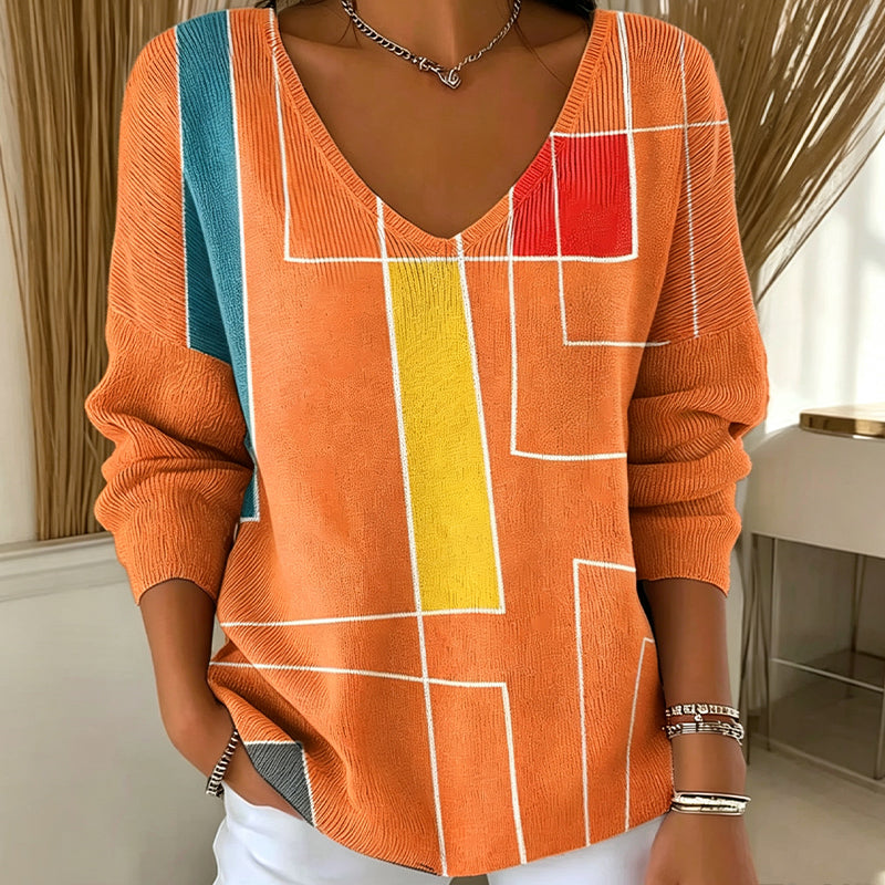 Women's Casual Printed V-Neck Knit Top