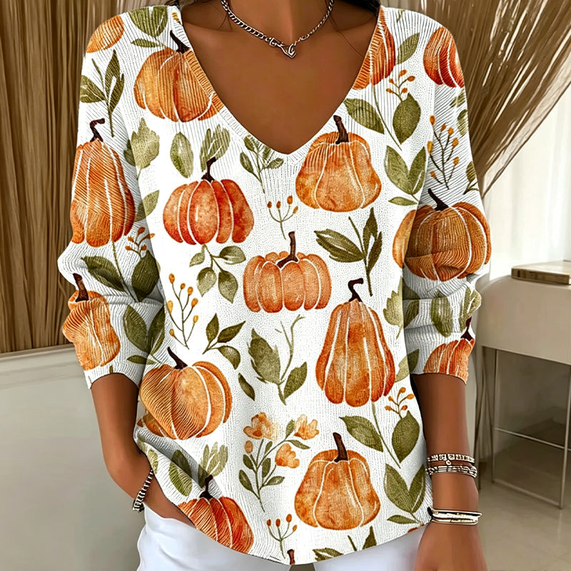 Women's Casual Printed V-Neck Knit Top