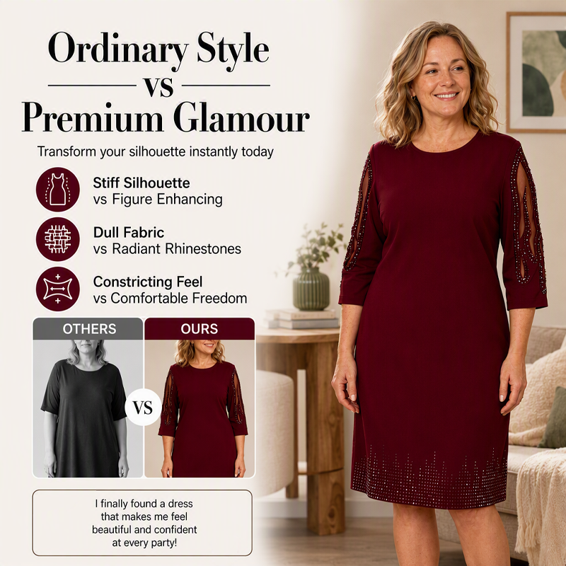 Women's Elegant Rhinestone Dress with Mesh Sleeves