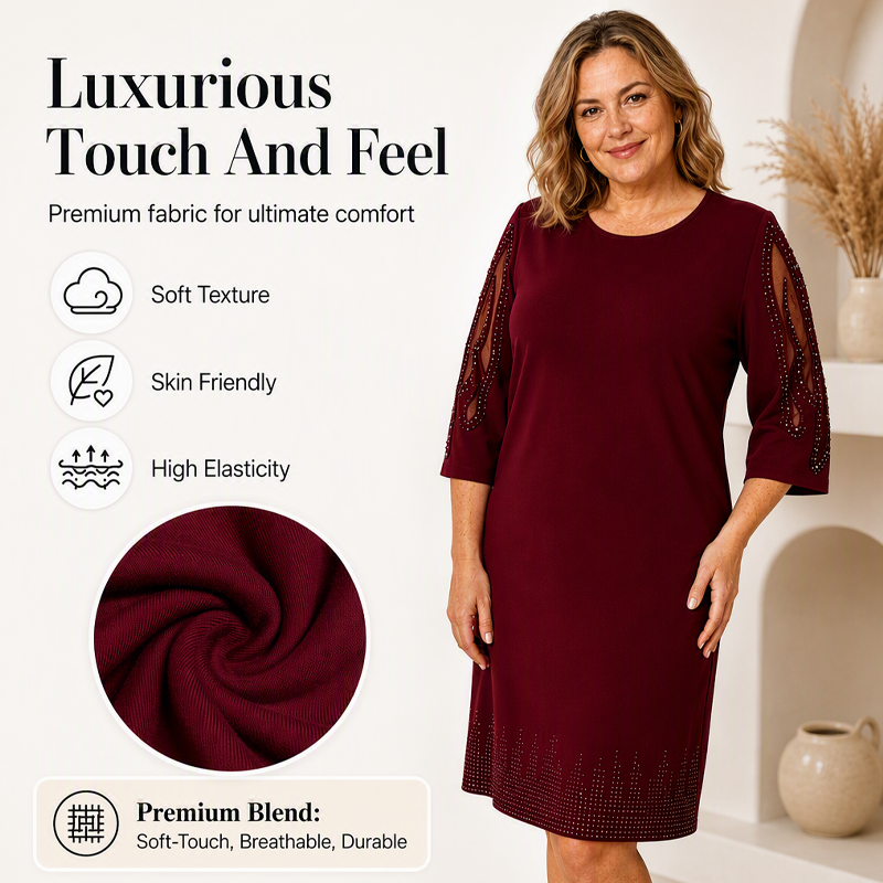 Women's Elegant Rhinestone Dress with Mesh Sleeves