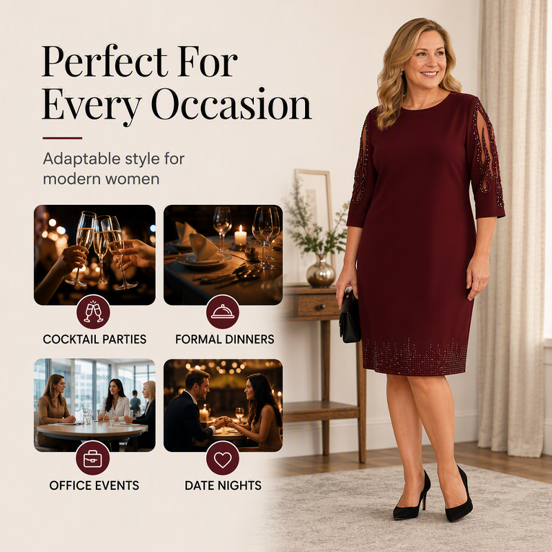 Women's Elegant Rhinestone Dress with Mesh Sleeves