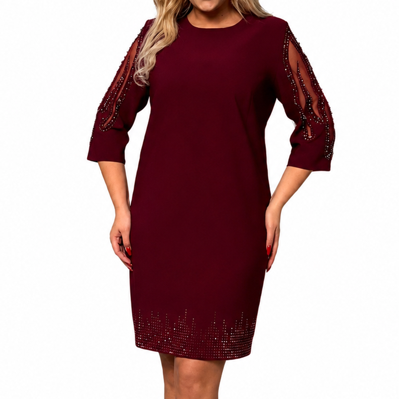 Women's Elegant Rhinestone Dress with Mesh Sleeves