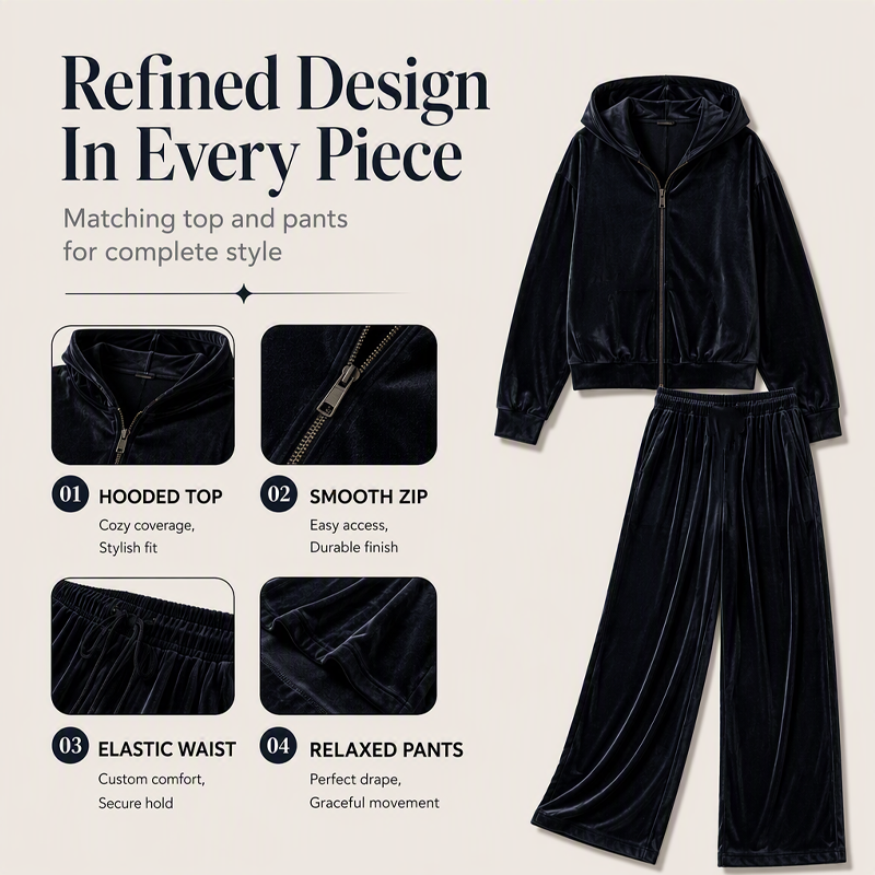 Women's Velour Hooded Tracksuit 2 Piece Set