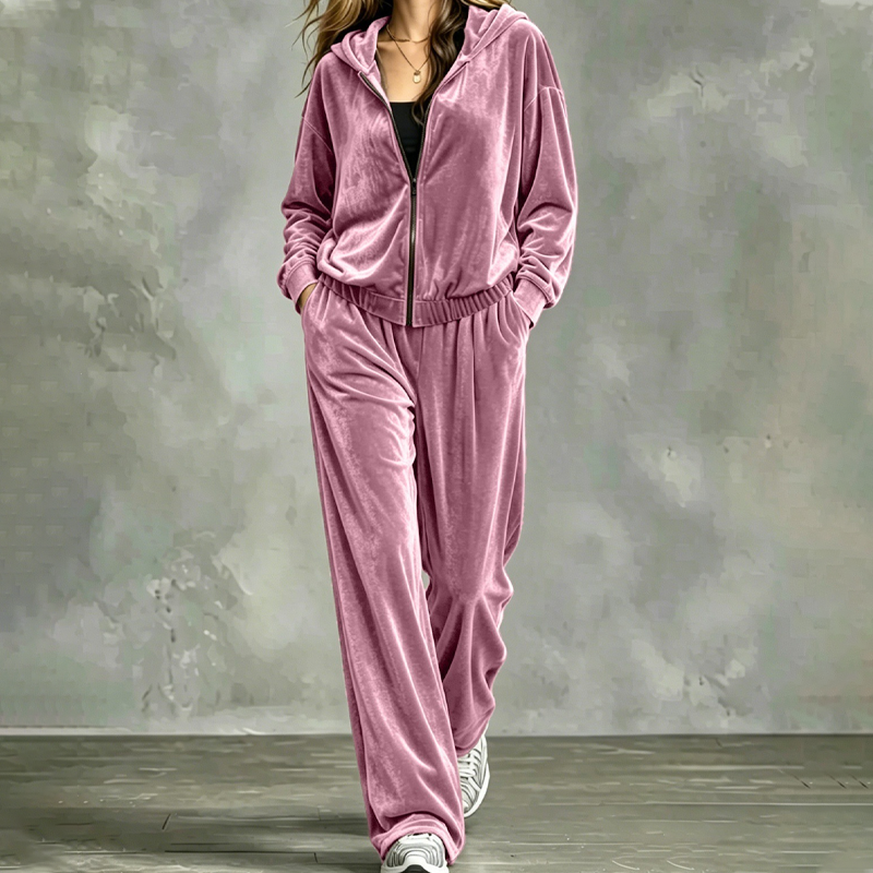 Women's Velour Hooded Tracksuit 2 Piece Set
