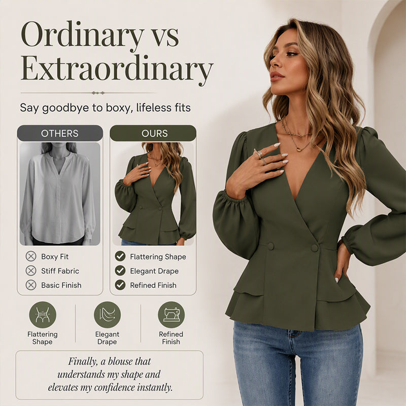 Women's V-Neck Lantern Sleeve Peplum Blouse