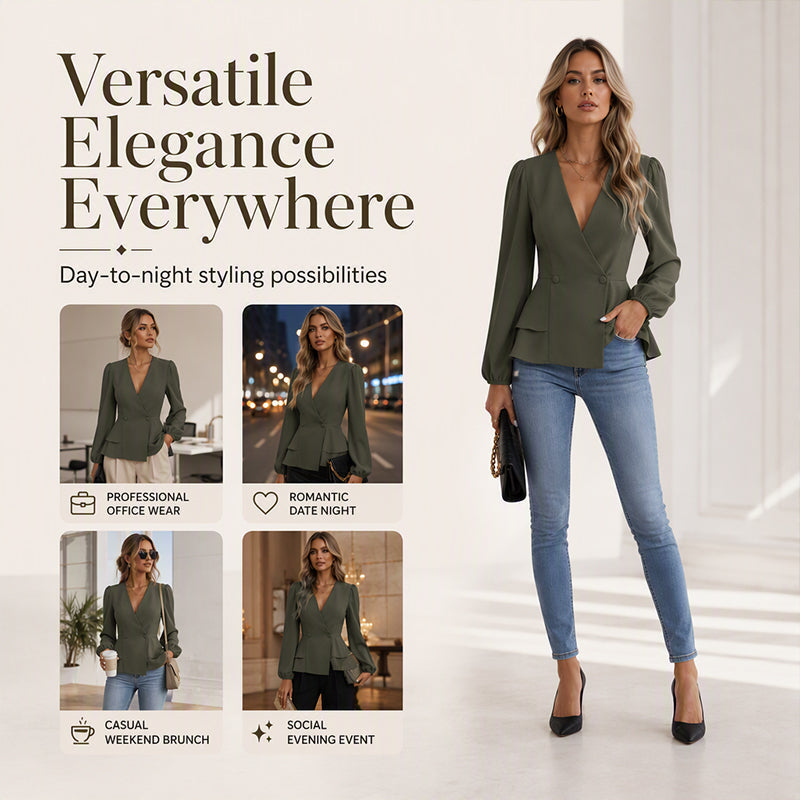 Women's V-Neck Lantern Sleeve Peplum Blouse