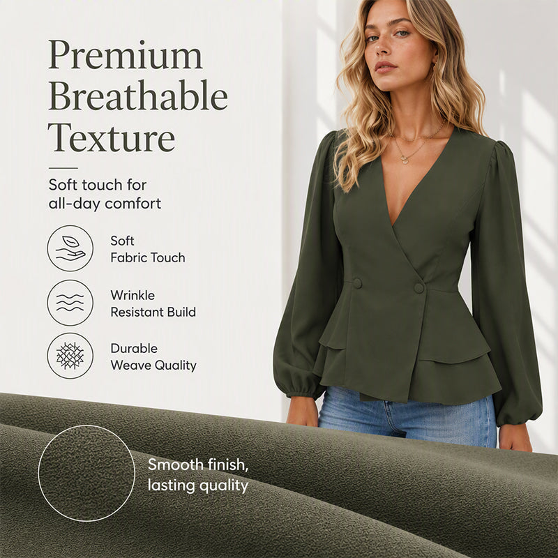 Women's V-Neck Lantern Sleeve Peplum Blouse