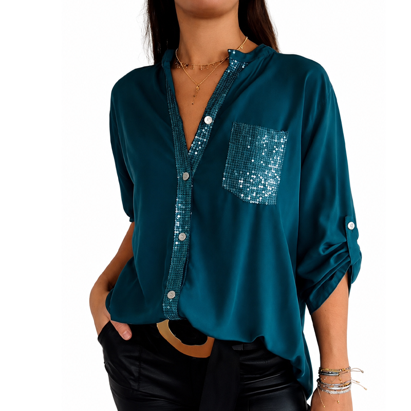 Women's Chic Sequin Stand Collar Shirt